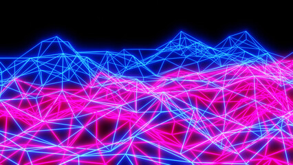 Abstract technology background with neon glowing lines on black, purple blue striped sci fi  3D render background.
