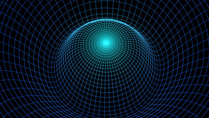 Fototapeta na wymiar Background 3D with blue neon lines, black hole space bend concept, science design render illustration. 