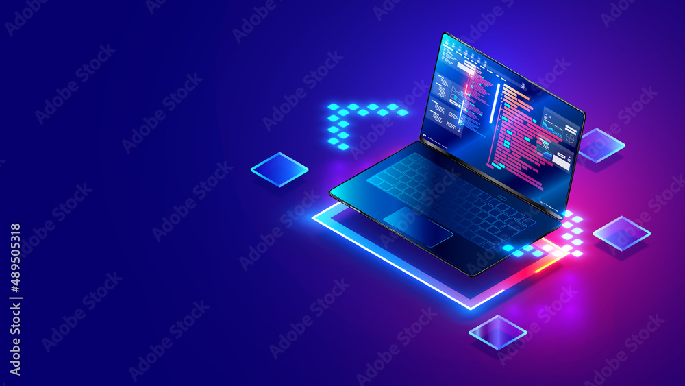 Fototapete Software development. Programming, coding and software testing on laptop. Laptop hanging over table with program code on the screen. Digital Computer technology isometric background concept.