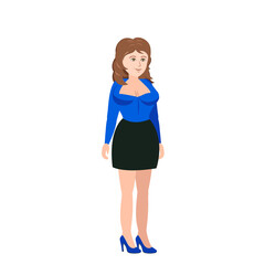 Cartoon girl with big breasts. Vector image of a woman in a bright blouse with a large neckline on the chest. A character for animation. All details on separate layers with names