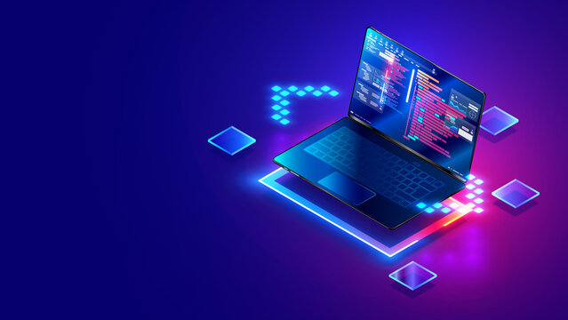 Software development. Programming, coding and software testing on laptop. Laptop hanging over table with program code on the screen. Digital Computer technology isometric background concept.