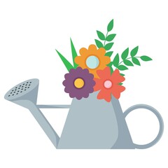 Watering can with flowers spring illustration. multicolored vector clipart. Easter card, happy Easter.