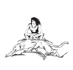 beautiful woman with long hair and panther cat crouching - black and white vector portrait