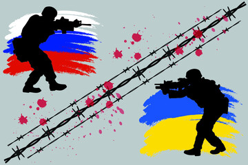 Flag of Russia and Ukraine painted with soldiers shadows. Relationship between Ukraine and Russia.confict Ukraine and russia