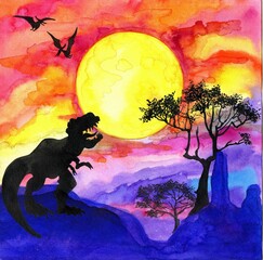watercolor illustration of a Tyrannosaurus rex and flying pterodactyls' silhouettes on a bright orange sky, huge moon, mountains and African trees background © Helen Pitt