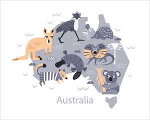 Map of cute animals and plants of Australia. Decorative handmade poster for print. Isolated icons in Scandinavian style. Vector illustration.
