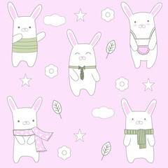 Seamless Cute Bunny With Floral Background Pattern