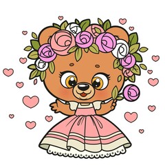 Cute cartoon teddy bear in princess dress and wreath of roses color variation for coloring page on a white background