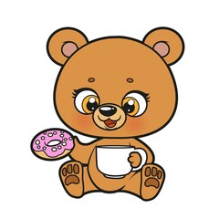 Cute cartoon teddy bear holding big cup and donut color variation for coloring page on a white background