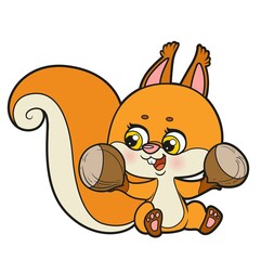Cute cartoon squirrel sits and holds nuts in its paws color variation for coloring page isolated on white background