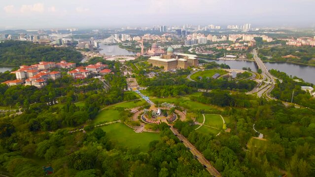 4K Aerial cinematic footage of Putrajaya Steps recreational park or Tangga Putrajaya facing the Prime Minister Office in Putrajaya during morning