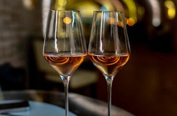 Tasting of brut champagne sparkling wine produced by traditional method in underground caves