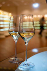 Tasting of brut champagne sparkling wine produced by traditional method in underground caves