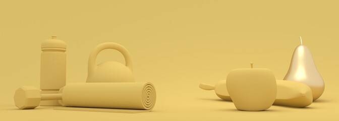 Gym training and home exercising and fitness equipment. Dumbbells, bob, yoga mat and bottle. Tools for healthy lifestyle and fruits collection. Apple, banana and pear. 3D render