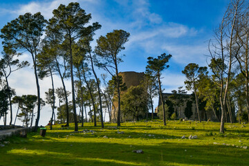 A green park around the ruins of a medieval castle in the old city of Caserta, Italy.