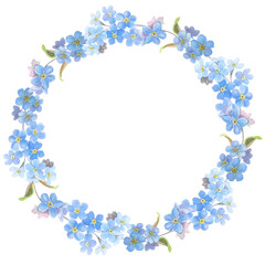 Elegant wreath with flowers, forget-me-nots, watercolor illustration