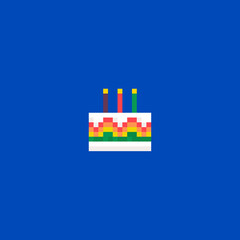 Birthday cake pixel art cartoon retro game style. Vector icon illustration. 