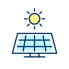 Solar panel color line icon. Sun as alternative electrical energy resource. Renewable, sustainable, eco friendly energy. Cartoon outline symbol on white background. Vector illustration, flat, clip art