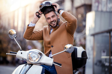 Young man test drive new motorcycle