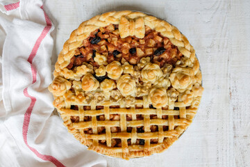 Delicious homemade pastry. Decorative Apple Pie. Made from green and red apples, eggs, butter, sugar, lemon and all purpose flour.