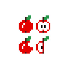 Obraz premium Set of minimalistic pixel art vector fruits isolated.game 8 bit style.symbols group collection. whole apple, bitten and stub