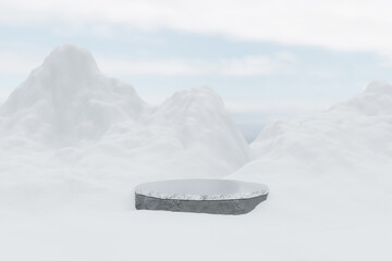 Minimal product background for Christmas and winter holiday concept. White podium and snow drifts on blue sky. 3d render illustration. Clipping path of each element included.