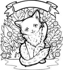 Kitty Final Boss with Empty Banner Line Art Illustration for Coloring Book