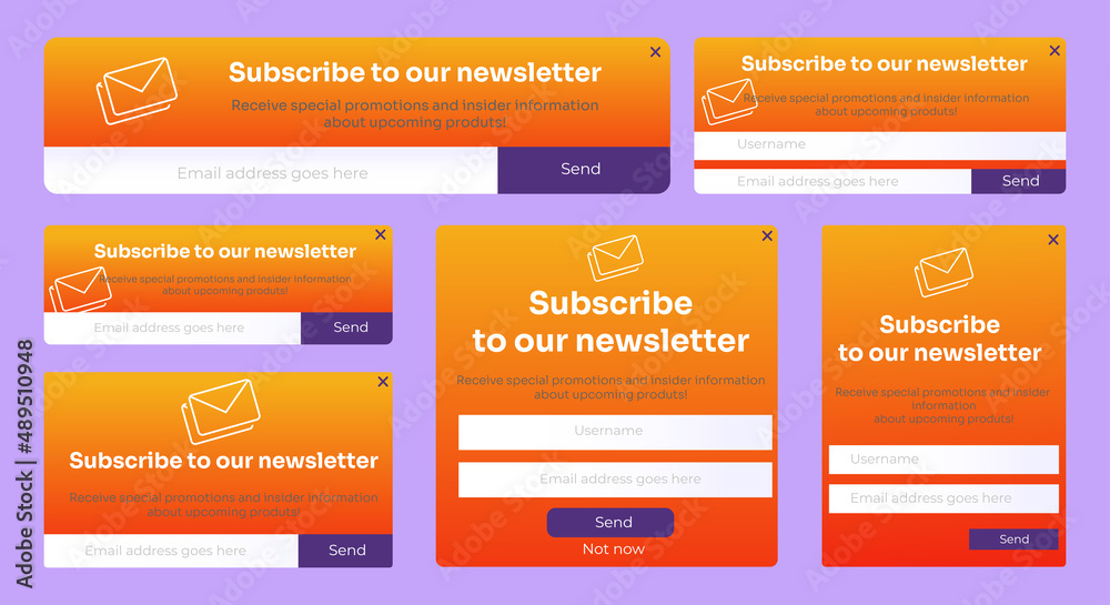 Wall mural set of email subscribe newsletter pop up template design. submit form for website email letter banne