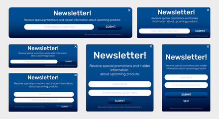 Set of Email Subscribe Newsletter pop up template design. Submit form for website email letter banner.
