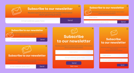 Set of Email Subscribe Newsletter pop up template design. Submit form for website email letter banner.
