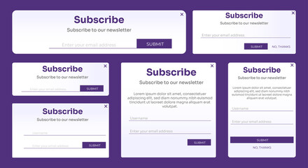 Set of Email Subscribe Newsletter pop up template design. Submit form for website email letter banner.
