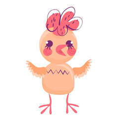Obraz na płótnie Canvas Cute little chick with wings up. Cheerful character design. Can be used for game design, cards. t-shirt print design, stickers.