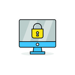 Computer security vector illustration, flat cartoon design desktop pc with closed lock, concept of firewall protection, privacy access, private data, safety service or system