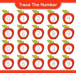 Trace the number. Tracing number with Apple. Educational children game, printable worksheet, vector illustration