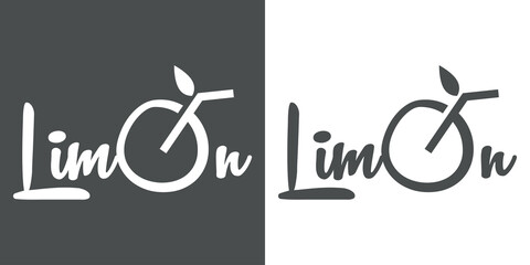 Logo Juice bar. Banner con caligrafía Limón en español con letra O con forma de bebida de limón en fondo gris y fondo blanco