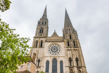 Gothic Chartres Cathedral (Cathedral of Our Lady of Chartres or Notre-Dame de Chartres, 1220) - Catholic cathedral of Latin Church. Chartres (90 kilometers southwest of Paris), Eure-et-Loir, France.