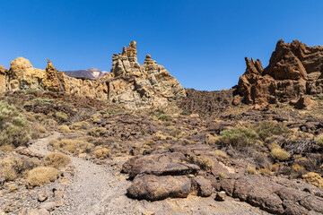 Roques de Garcia rock formation and lava saddle at Teide National Park, Tenerife, Spain