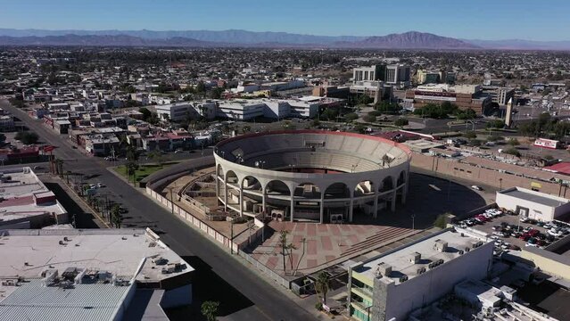 Mexicali, Baja California, Mexico - January 2, 2021: View of the downtown skyline in the urban core of Mexicali, Baja California, USA.
