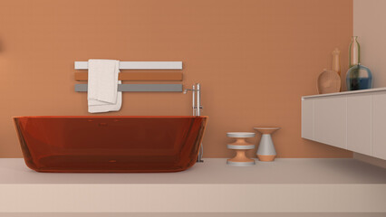 Fototapeta na wymiar Showcase bathroom interior design in beige and orange tones, glass freestanding bathtub. Cabinet with vases, minimalist rack towel, side tables and decor. Contemporary project concept