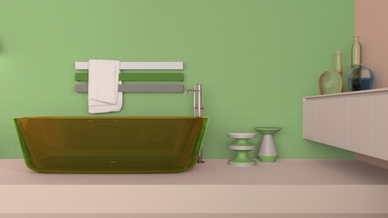 Naklejka na ściany i meble Showcase bathroom interior design in beige and green tones, glass freestanding bathtub. Cabinet with vases, minimalist rack towel, side tables and decors. Contemporary project concept