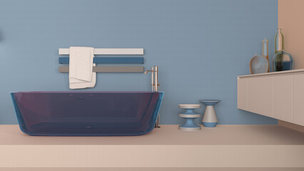 Naklejka na ściany i meble Showcase bathroom interior design in beige and blue tones, glass freestanding bathtub. Cabinet with vases, minimalist rack towel, side tables and decors. Contemporary project concept