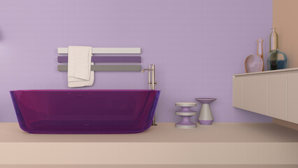 Naklejka na ściany i meble Showcase bathroom interior design in beige and purple tones, glass freestanding bathtub. Cabinet with vases, minimalist rack towel, side tables and decor. Contemporary project concept