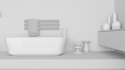Naklejka na ściany i meble Total white project, showcase bathroom interior design, glass freestanding bathtub. Cabinet with vases, minimalist rack towel, side tables and decor. Contemporary project concept