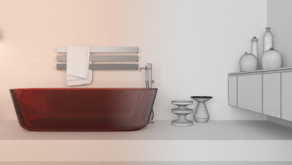 Architect interior designer concept: hand-drawn draft unfinished project that becomes real, bathroom, glass freestanding bathtub. Cabinet with vases, minimalist rack towel, side table
