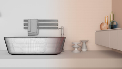Obraz na płótnie Canvas Architect interior designer concept: hand-drawn draft unfinished project that becomes real, bathroom, glass freestanding bathtub. Cabinet with vases, minimalist rack towel, side table