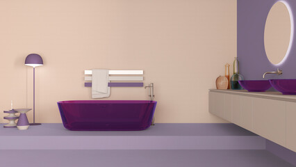 Fototapeta na wymiar Showcase bathroom interior design in purple and beige tones, glass freestanding bathtub and wash basing. Round mirrors, faucets, modern carpet, floor lamp, tables. Minimalist project