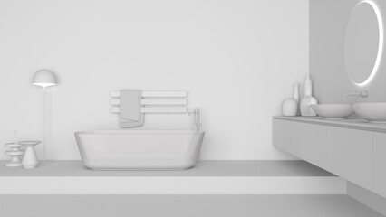 Fototapeta na wymiar Total white project draft, showcase bathroom interior design, freestanding bathtub and wash basing. Round mirrors, faucets, modern carpet, floor lamp, tables. Minimalist project idea