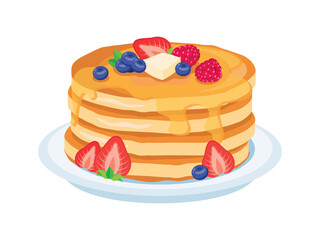 Fresh pancakes with berry fruits and syrup icon vector. Pile of delicious pancakes with butter on a plate icon isolated on a white background