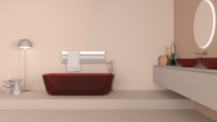 Fototapeta na wymiar Blur background, showcase bathroom interior design, freestanding bathtub and wash basing. Round mirrors, faucets, modern carpet, floor lamp, tables. Minimalist project idea