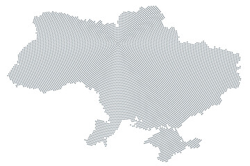 Obraz premium Ukraine map, radial dot pattern. Gray dots going from the capital Kyiv (also called Kiev) outwards and form the silhouette of the Eastern European country. Isolated illustration on white background.